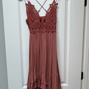 Free People Pink and Orange Ruffled Tiered Sundress with lace